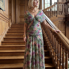 Off-shoulder maxi dress with multicolor abstract floral print, gathered neckline and skirt