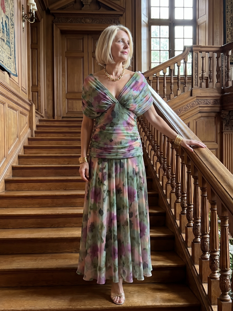 Off-shoulder maxi dress with multicolor abstract floral print, gathered neckline and skirt