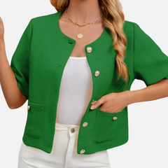 Cropped green tweed blazer jacket with short sleeves, front pockets, gold-tone button details