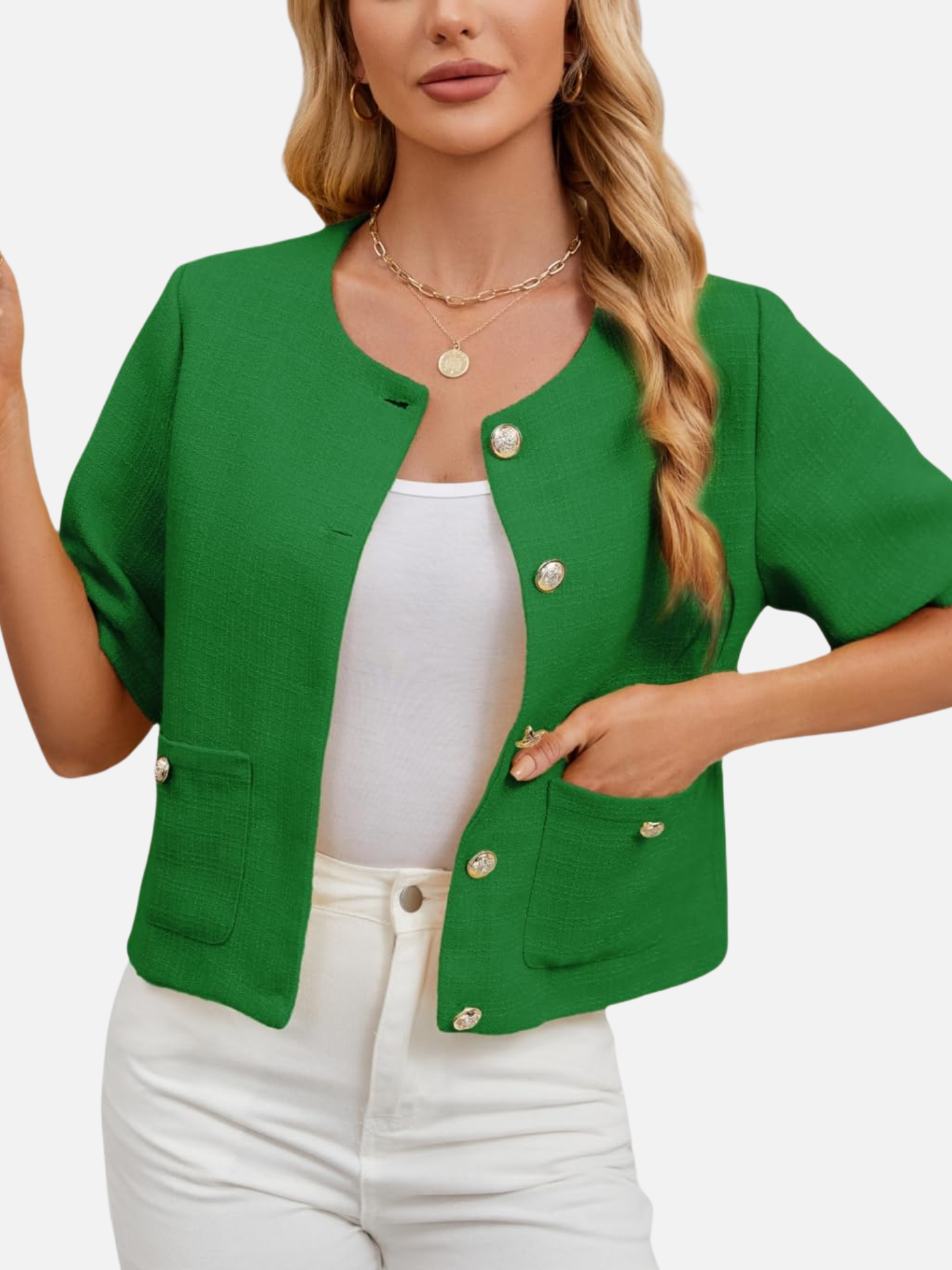 Cropped green tweed blazer jacket with short sleeves, front pockets, gold-tone button details