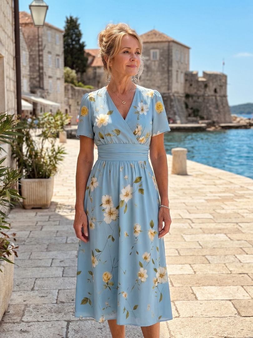 Light blue V-neck midi dress with yellow-and-white floral print and cinched waist