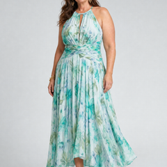 Green floral halter midi dress with gathered waist and tiered pleated skirt
