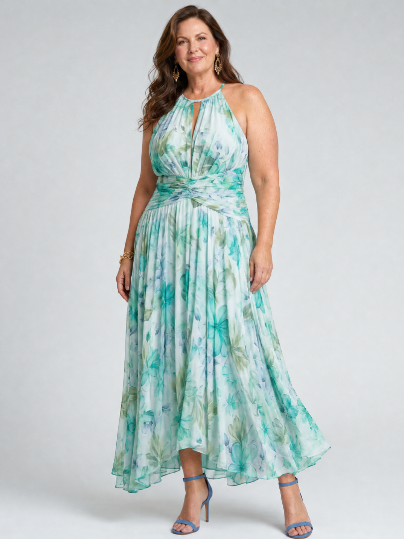 Green floral halter midi dress with gathered waist and tiered pleated skirt