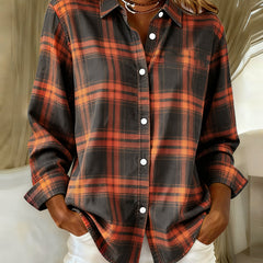 Plaid button-front shirt with notched collar in orange and charcoal, long sleeves