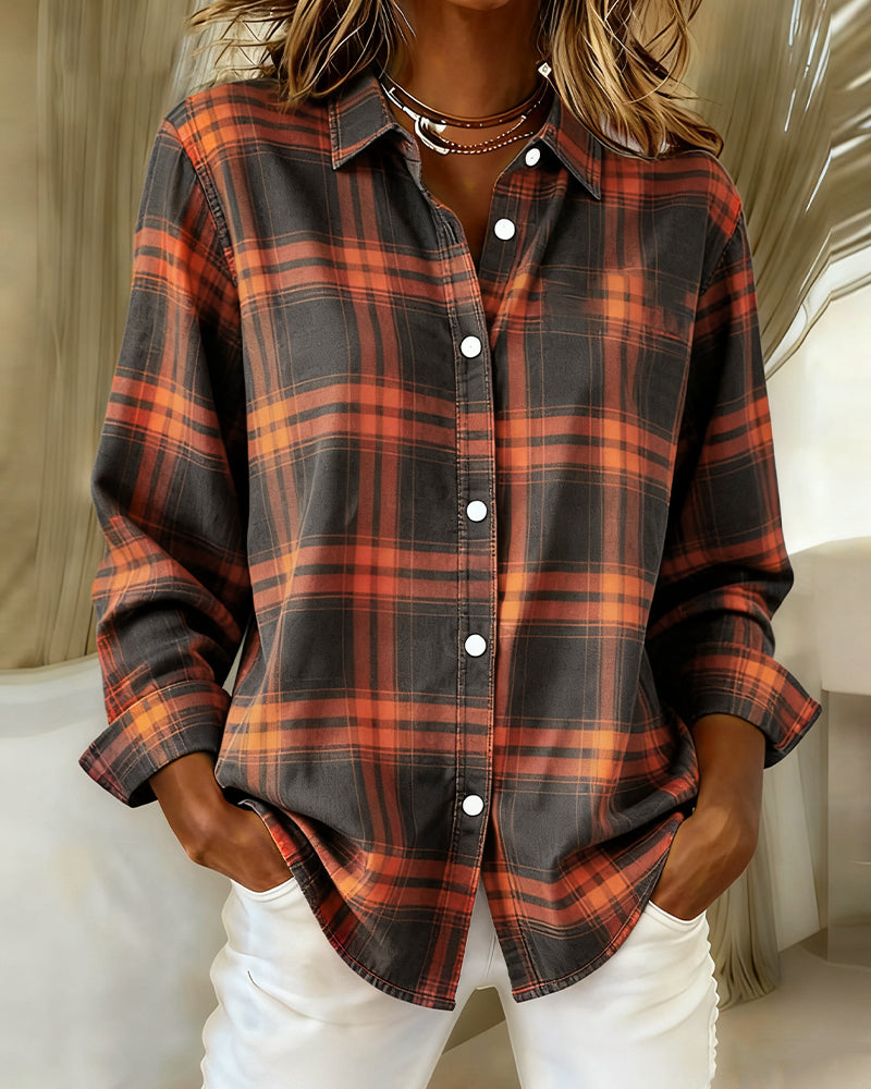Plaid button-front shirt with notched collar in orange and charcoal, long sleeves