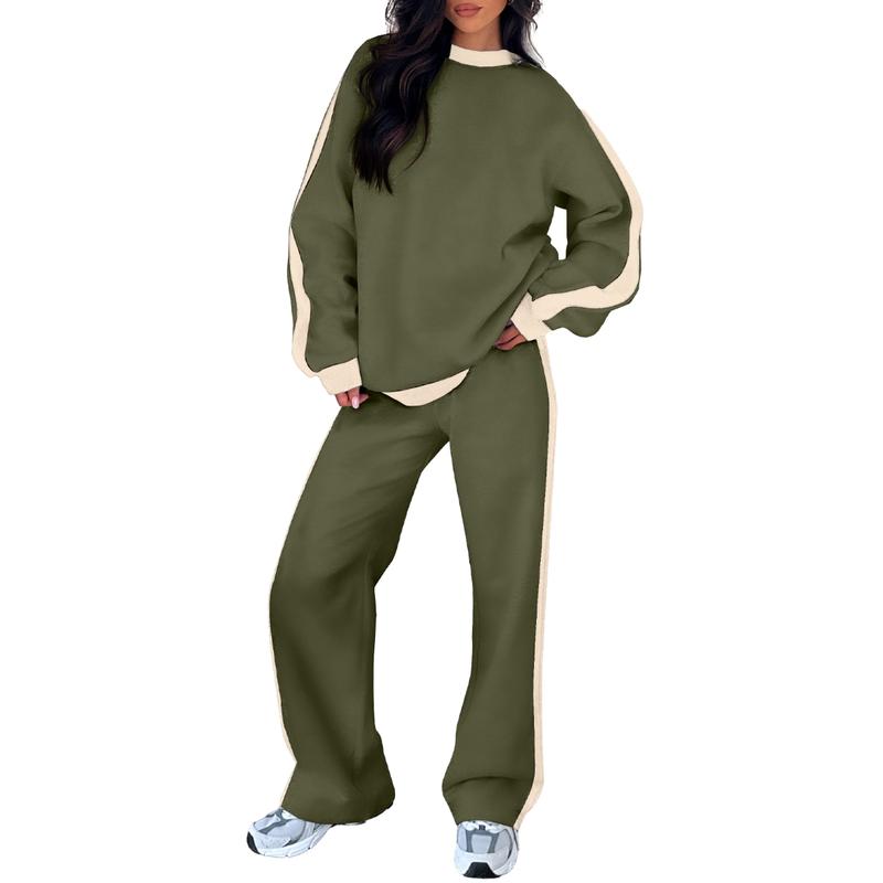 Deep green 2-piece lounge set with crewneck sweatshirt and loose jogger pants, beige side stripes