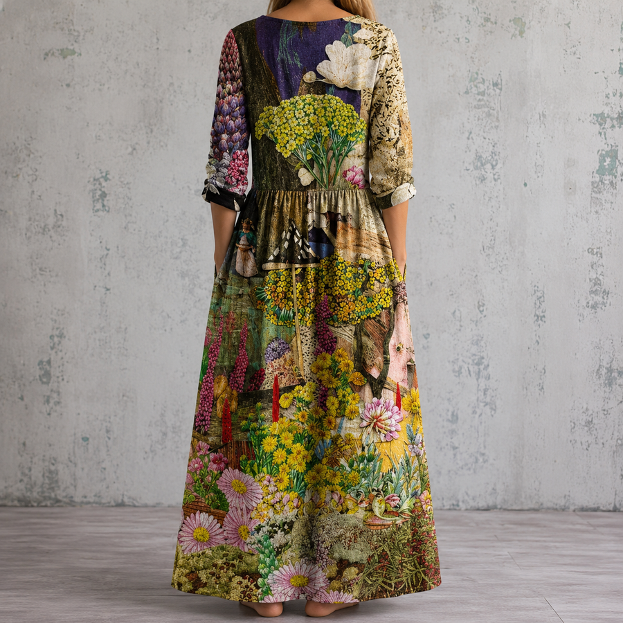 Multicolor floral maxi dress back view with gathered waist and long sleeves