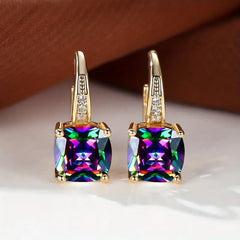 Gold hoop earrings with rainbow cushion-cut stones