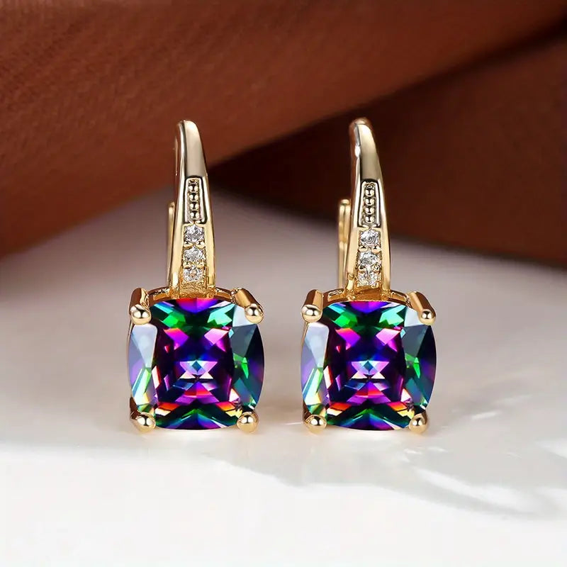 Gold hoop earrings with rainbow cushion-cut stones