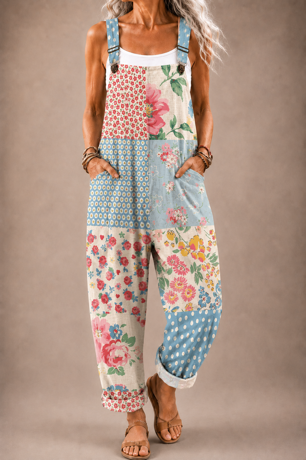 Floral patchwork overalls with bib front, sleeveless design, and wide-leg legs