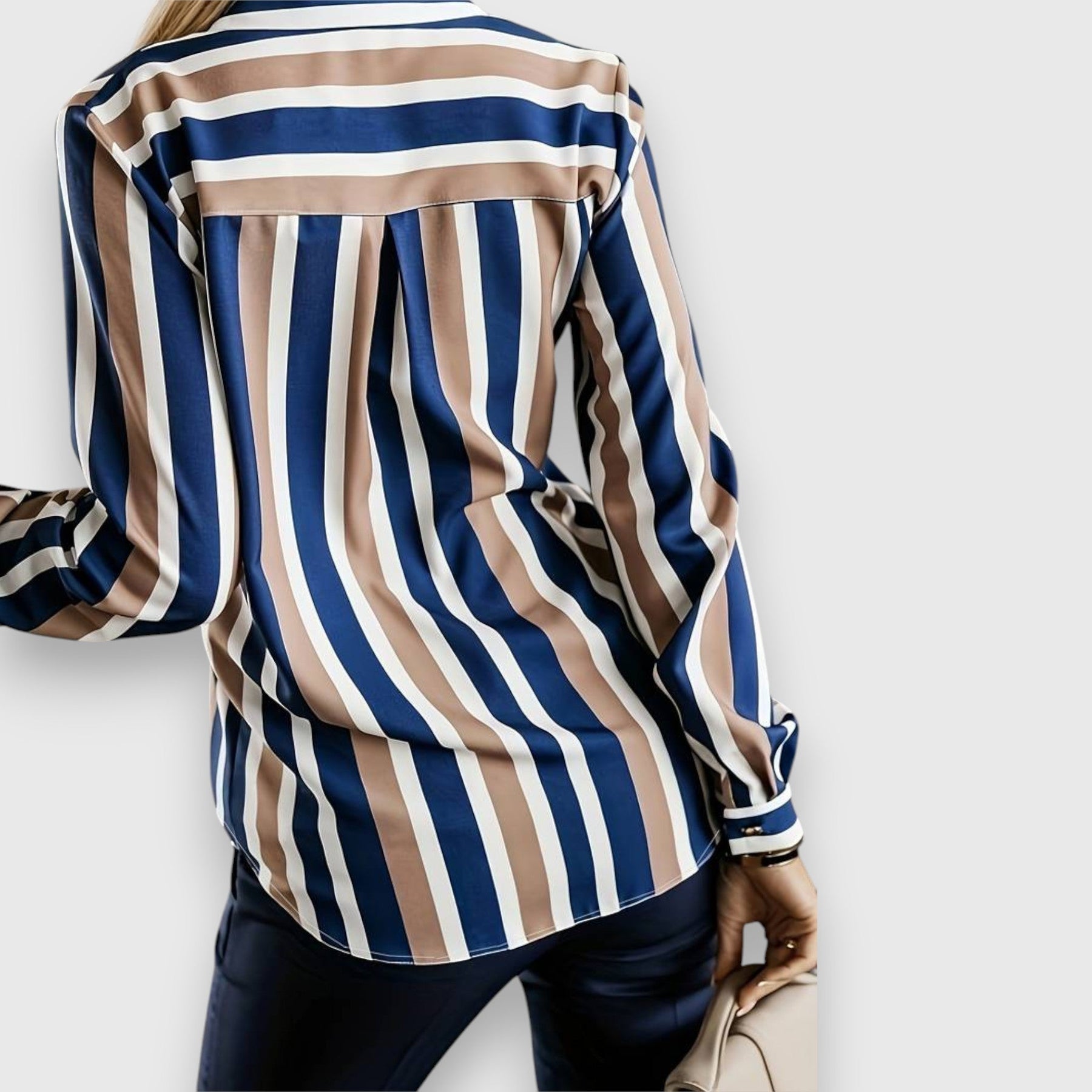 Striped back button-up shirt with pointed yoke and cuff details, navy/white/tan