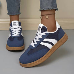 Comfort sneakers, navy fabric with white stripes, white laces, tan sole