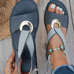 Blue flat sandals with mesh cross strap and round gold-tone metal buckle