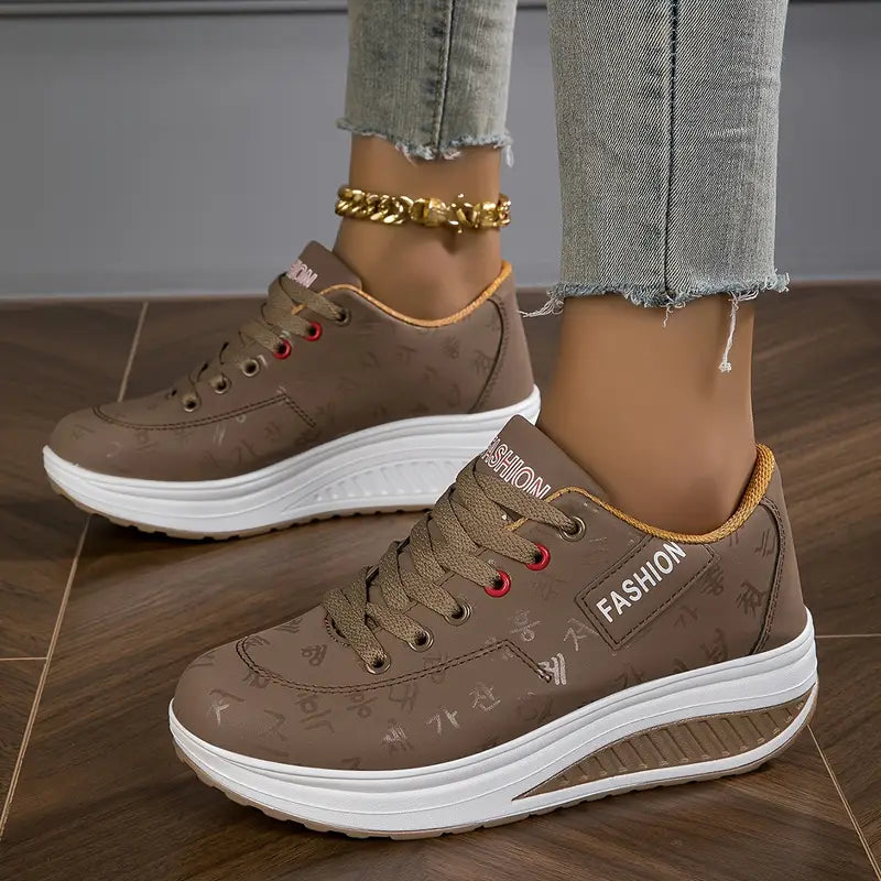 Platform comfort sneakers in taupe-brown with white platform sole and red lace eyelets