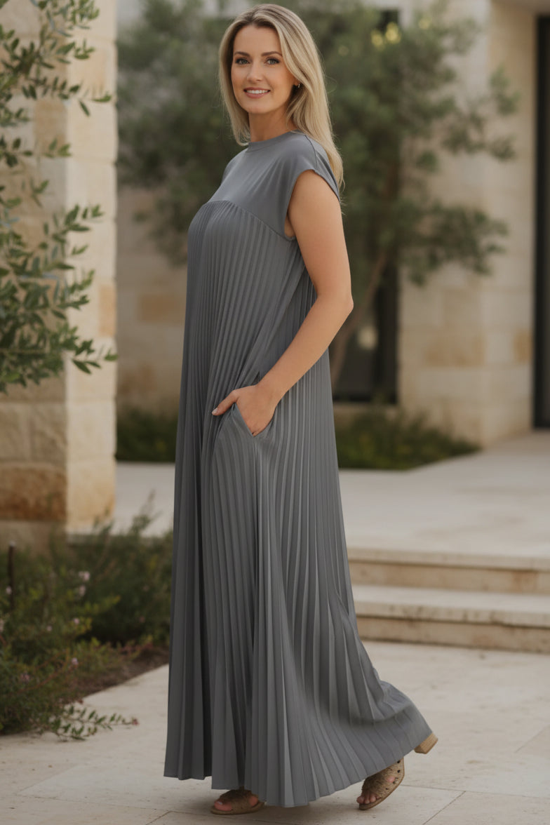 Silver grey loose maxi dress with cap sleeves and vertical pleated detailing