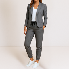 Dark gray blazer-style jacket and matching jogger pants set with drawstring waist