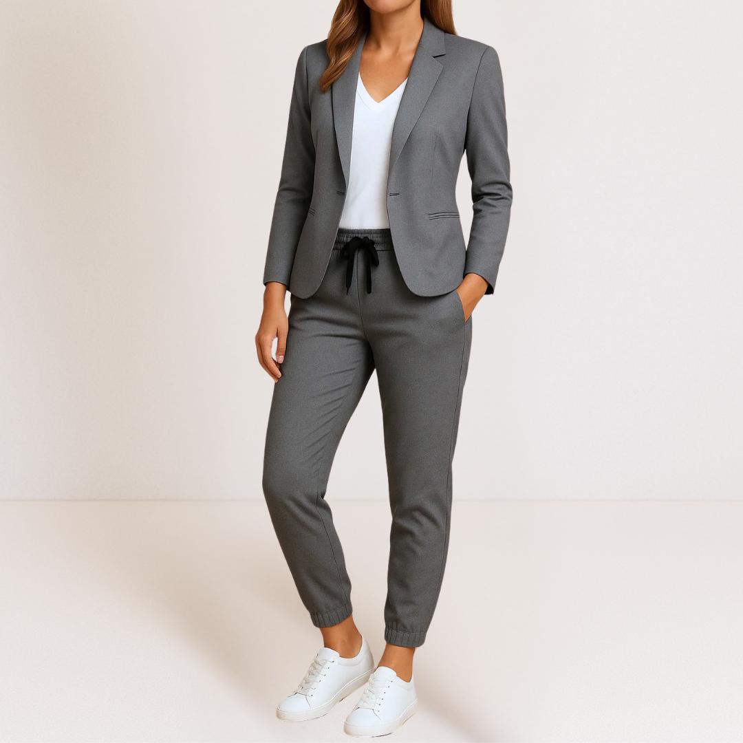 Dark gray blazer-style jacket and matching jogger pants set with drawstring waist