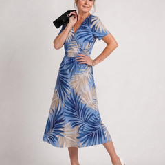 Blue-and-cream leaf print V-neck midi dress with short sleeves and cinched waist
