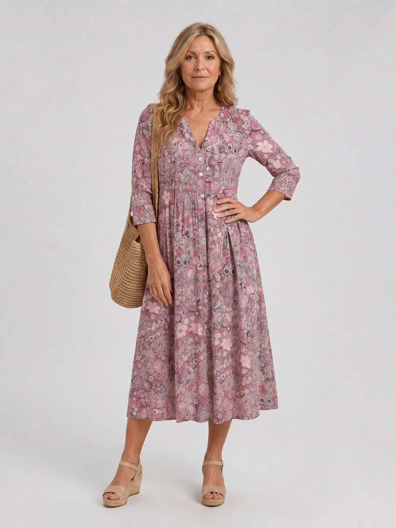 Pink floral midi dress with V-neck, three-quarter sleeves, and gathered skirt