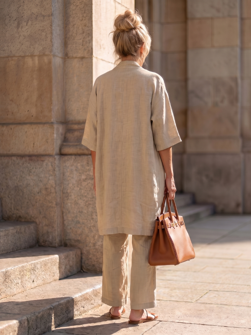 Beige three-piece set from behind: long cardigan and matching wide-leg trousers