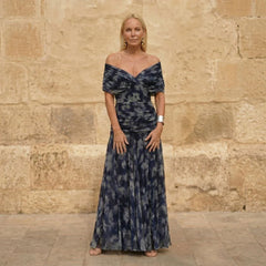 Blue off-shoulder maxi dress with sweetheart neckline and pleated skirt