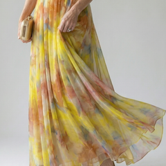 Yellow multicolor sleeveless soft-wrap maxi dress with pleated flowing skirt