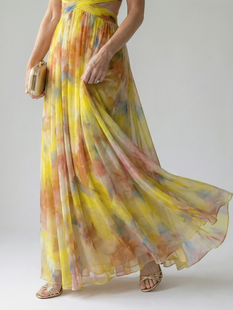 Yellow multicolor sleeveless soft-wrap maxi dress with pleated flowing skirt