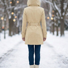 Cream wool hooded coat, rear view, with waist belt and button placket.