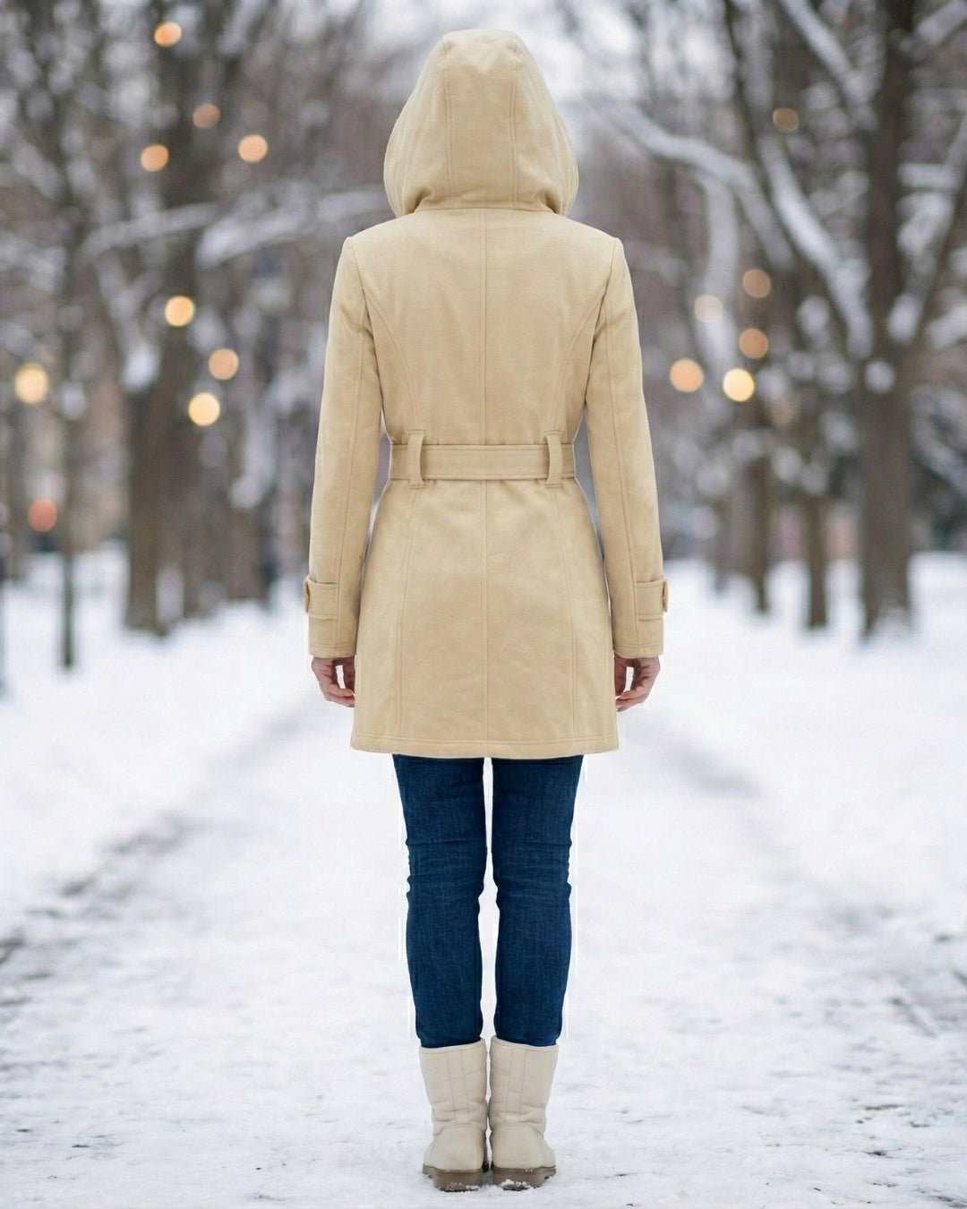 Cream wool hooded coat, rear view, with waist belt and button placket.