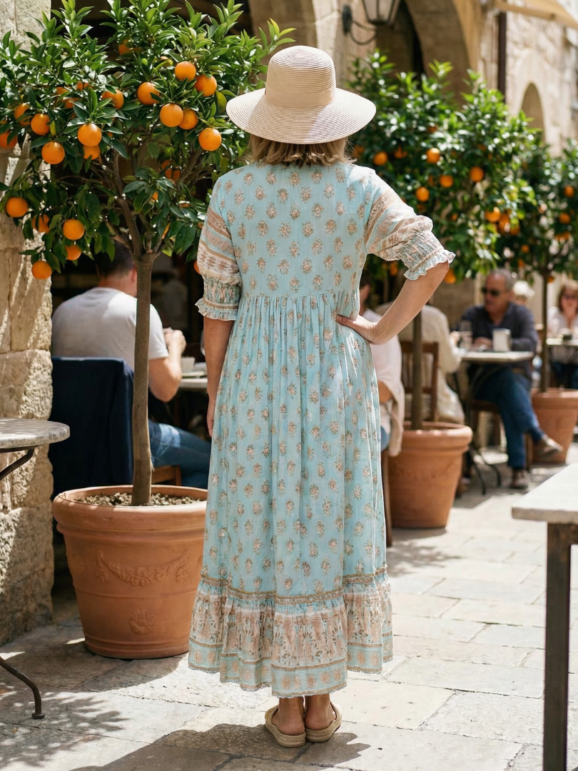 Sky blue V-neck tiered midi dress, back view, short puff sleeves, floral print
