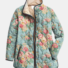Quilted floral jacket with hood, light blue and pink flower print, snap buttons, full zip