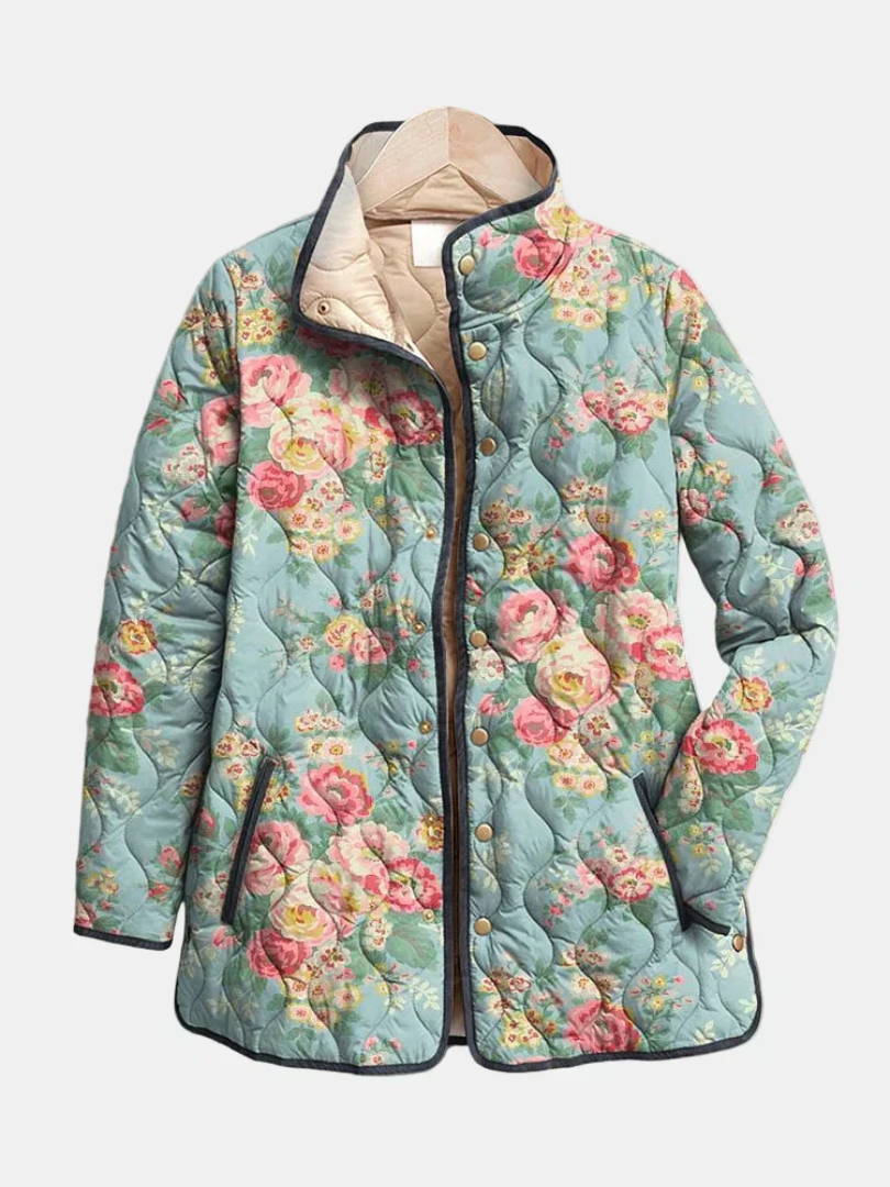 Quilted floral jacket with hood, light blue and pink flower print, snap buttons, full zip