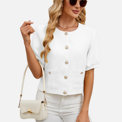 Cropped tweed blazer jacket in white, short sleeves, front button closure, chest pockets