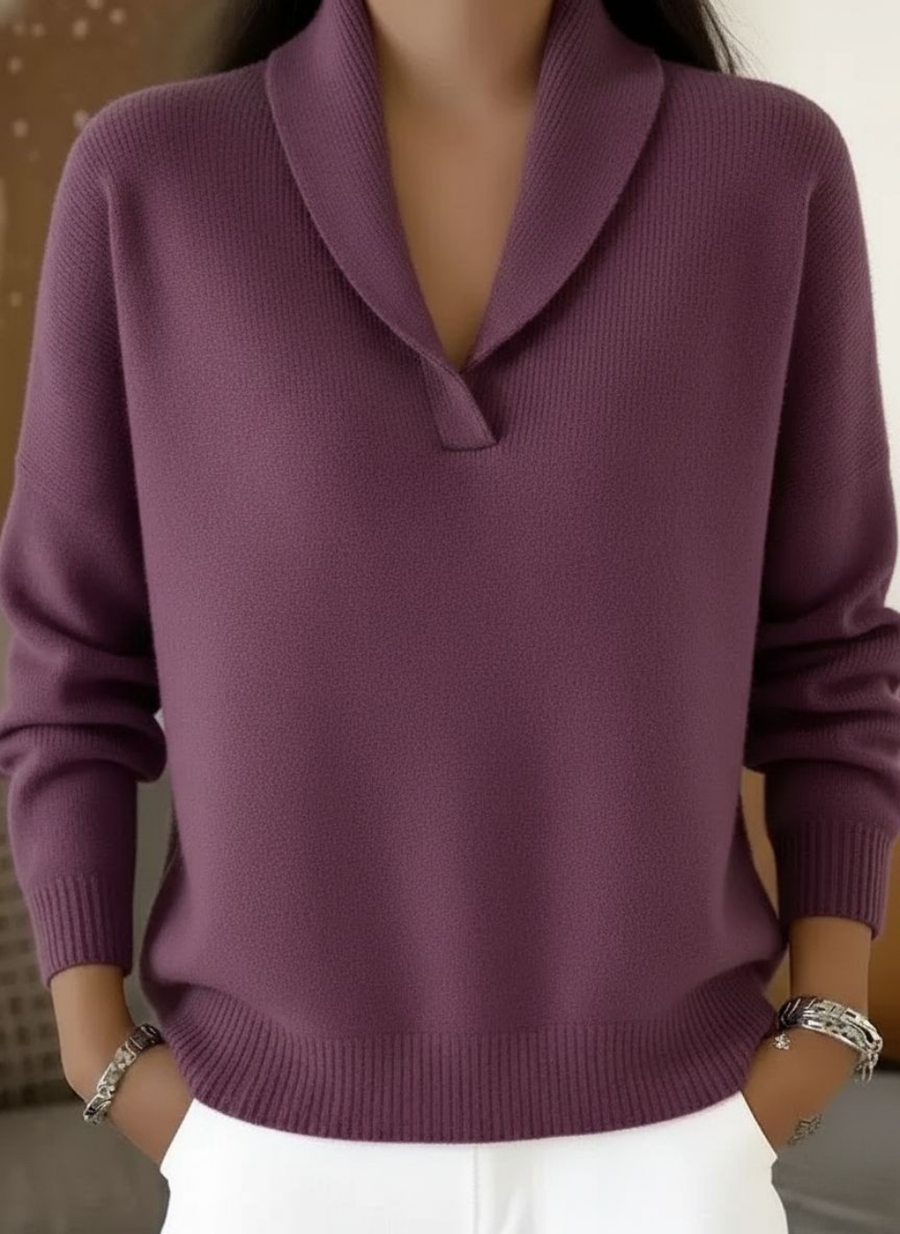 Mila V-neck knit jumper, long sleeves, ribbed cuffs and hem, mulberry purple.