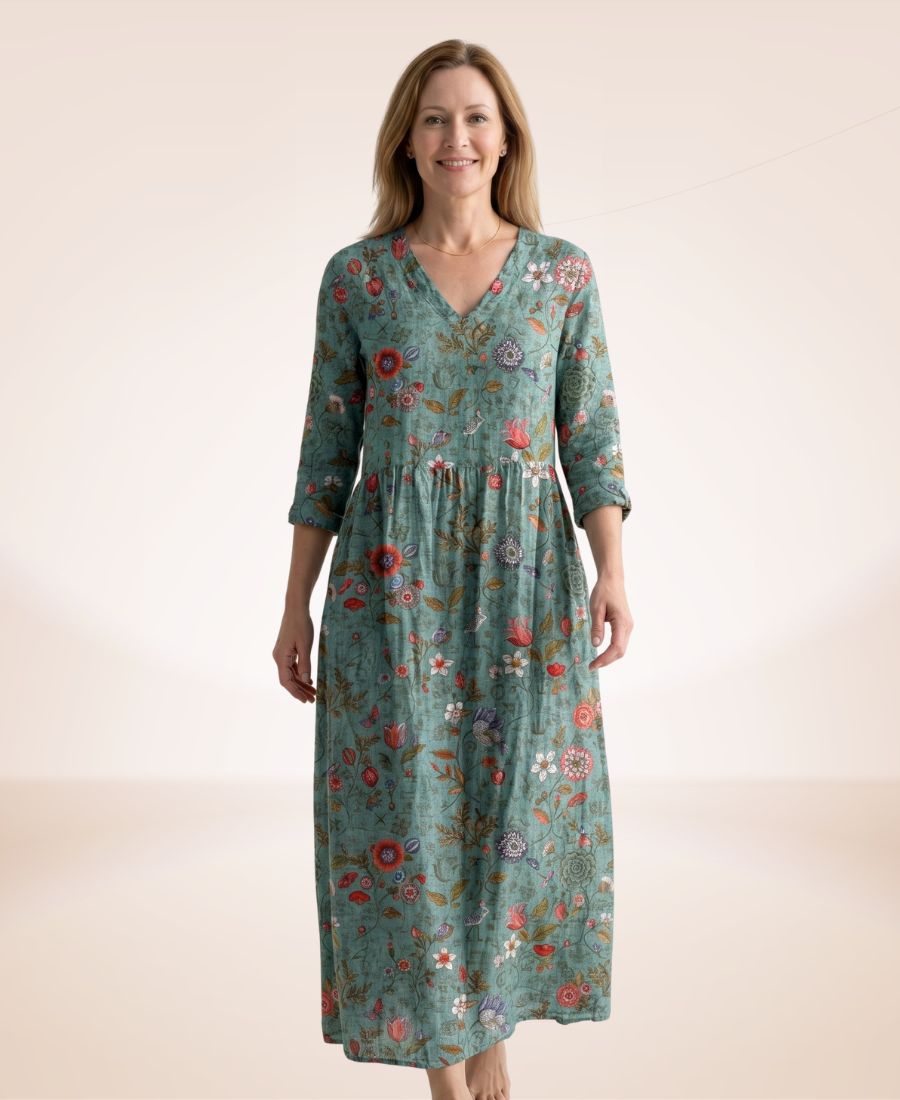 Floral relaxed dress in teal with round floral motifs, V-neck, 3/4 sleeves, ankle-grazing