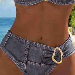 Dark grey denim-style high-waist bikini bottom with center oval metal buckle detail
