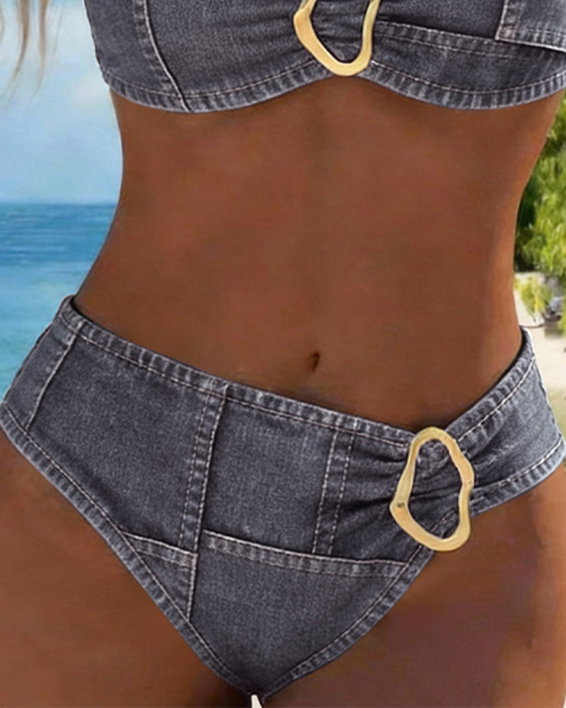 Dark grey denim-style high-waist bikini bottom with center oval metal buckle detail