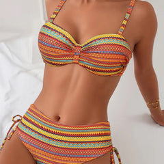 Two-piece striped bikini swimsuit in orange with underwire-style padded cups and tied bottoms