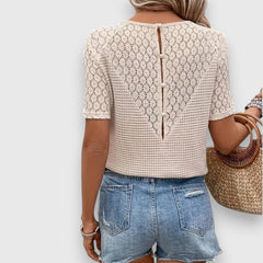 Emanie knit shirt back view with button placket and lace short sleeves, cream