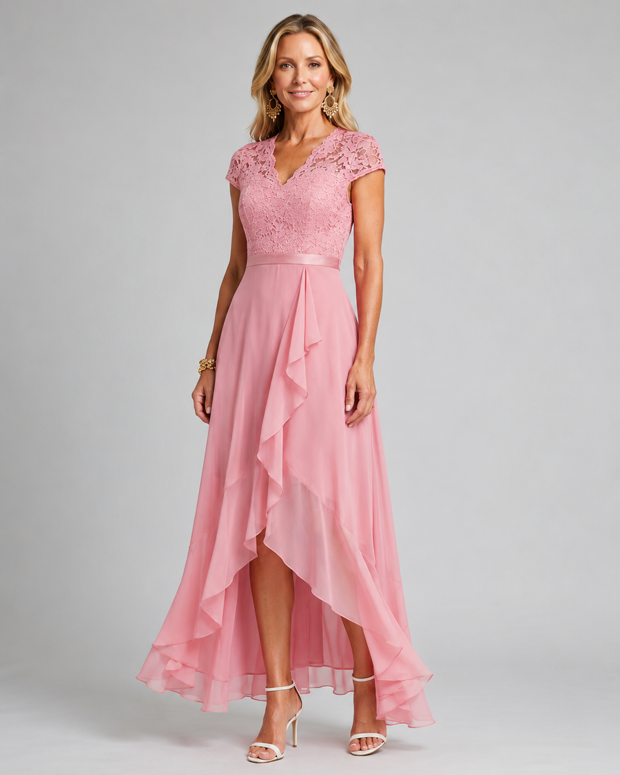 Pink lace evening dress with cap sleeves, sash waist, and asymmetrical ruffle hem