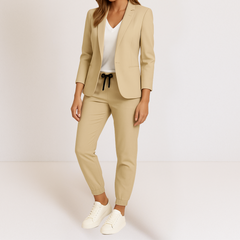 Beige blazer jacket and matching jogger pants set with drawstring waist