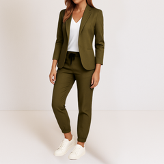 Olive blazer jacket and matching jogger pants set with drawstring waist