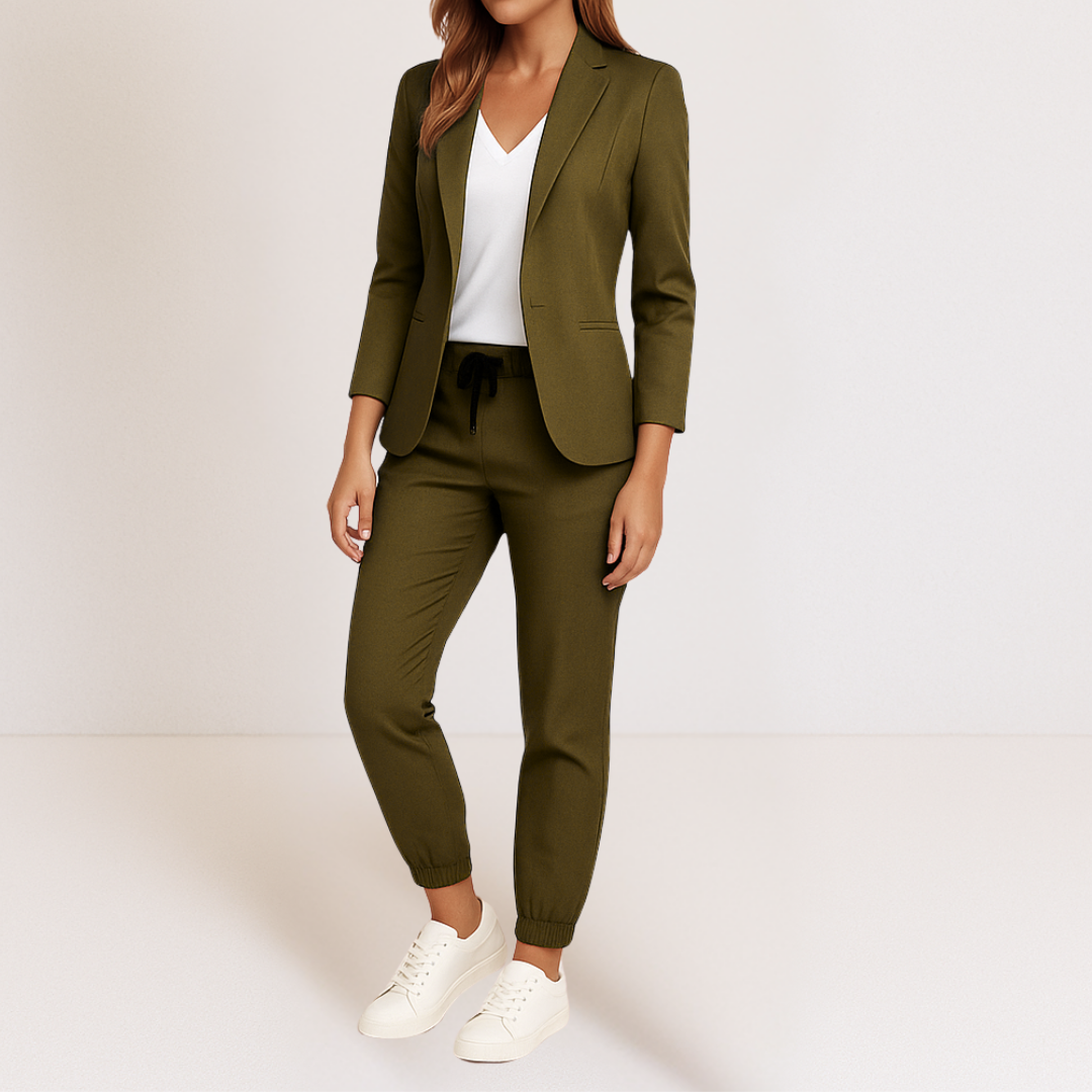 Olive blazer jacket and matching jogger pants set with drawstring waist