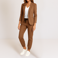 Brown blazer jacket and matching jogger pants set with drawstring waist