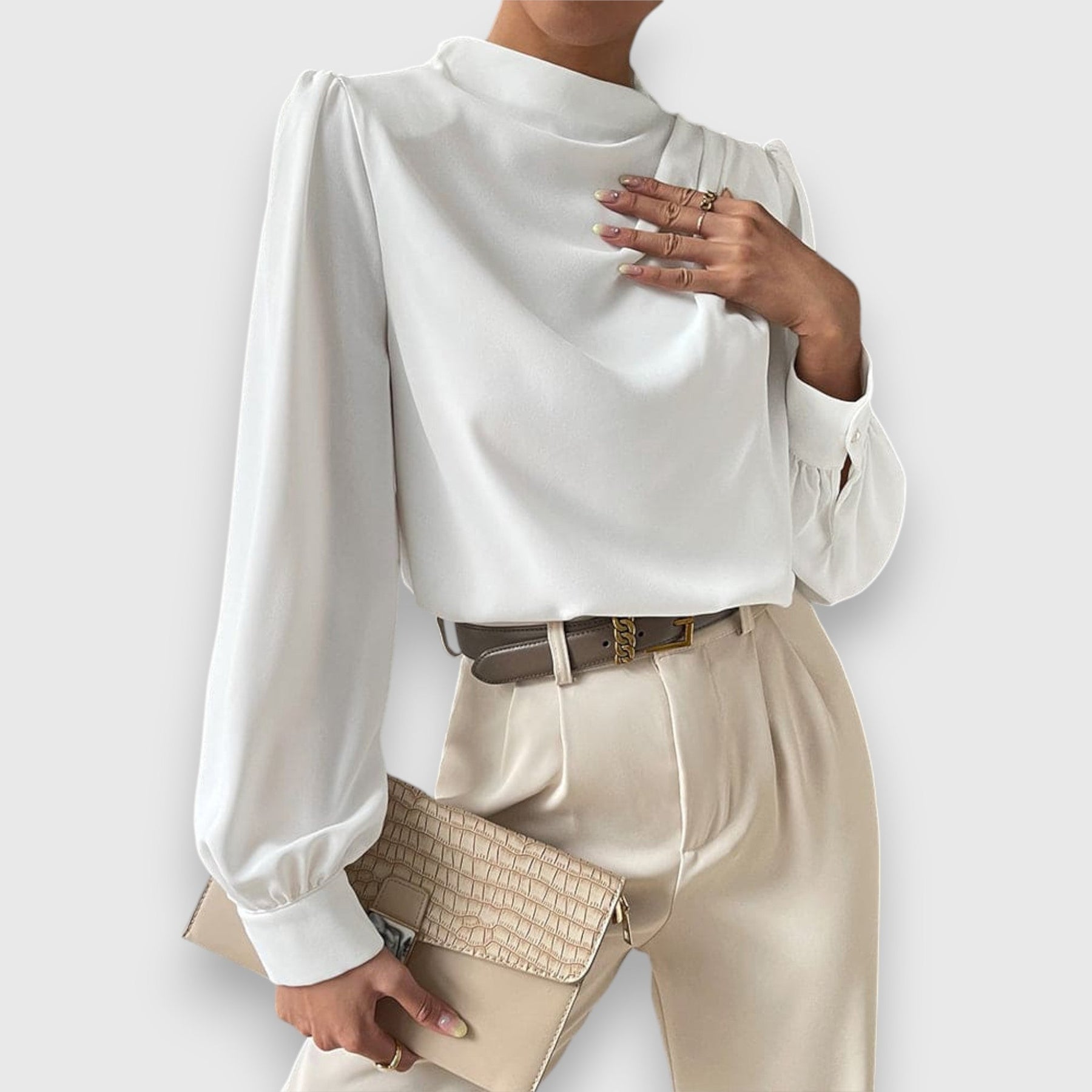 White long-sleeve satin top with high neckline, loose fit, and puffed shoulders