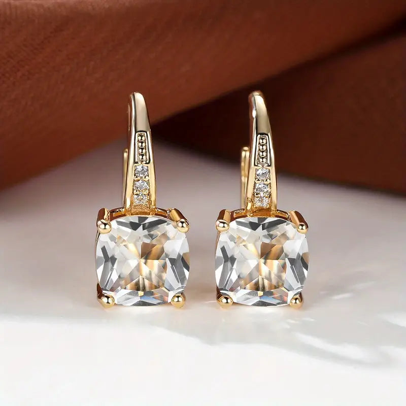 Majestic Stone gold hoop earrings with square clear gemstones