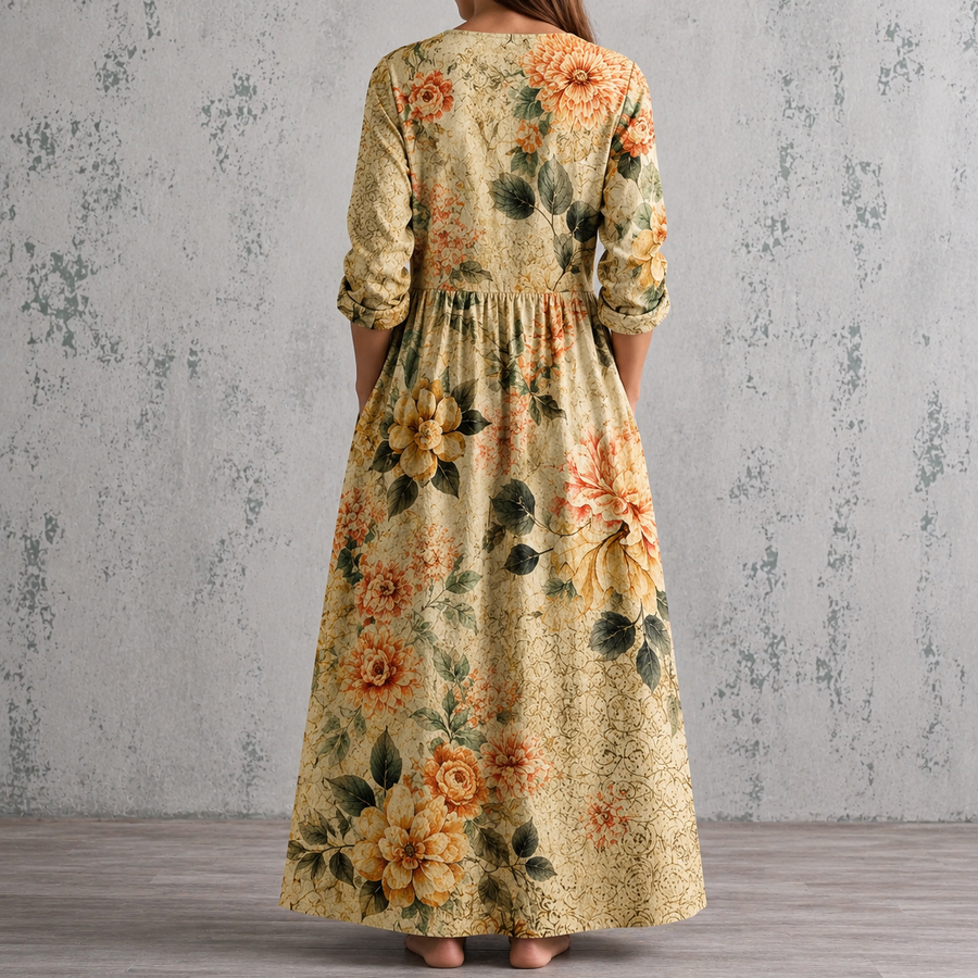 Floral summer maxi dress from back view, 3/4 sleeves, full-length skirt