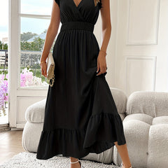 Black deep V-neck ruffle maxi dress with tiered hem and flutter sleeves