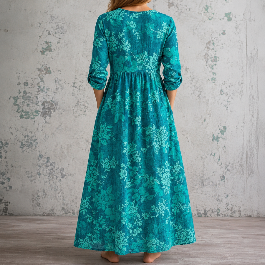MARIE™ floral summer dress, teal back view, gathered waist, 3/4 sleeves, maxi