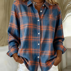 Plaid button-front shirt with notched collar in blue and orange, long sleeves